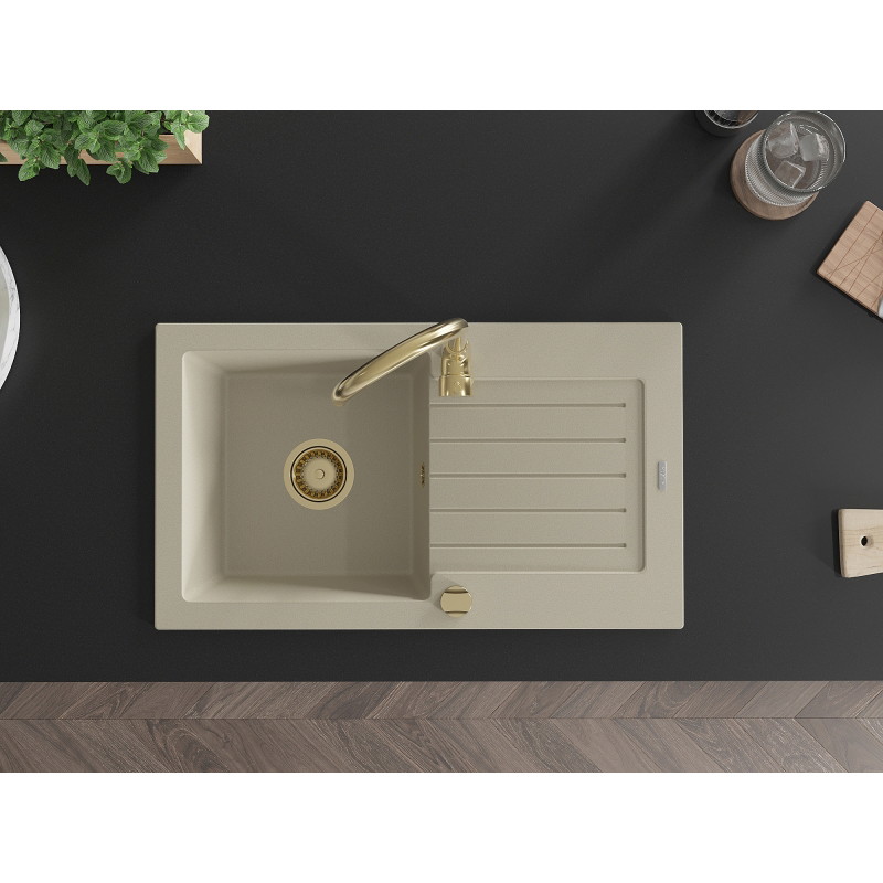 Mexen Pablo granit gootsteen 1-kompartment met druiprek 752 x 436 mm, beige, gouden sifon - 6510751010-69-G