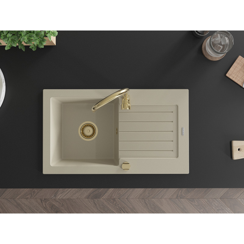 Mexen Pablo Granitspüle 1-becken mit Abtropffläche 752 x 436 mm, beige, goldener Siphon - 6510751010-69-G