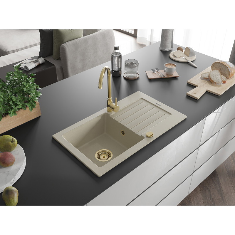 Mexen Pablo granit gootsteen 1-kompartment met druiprek 752 x 436 mm, beige, gouden sifon - 6510751010-69-G