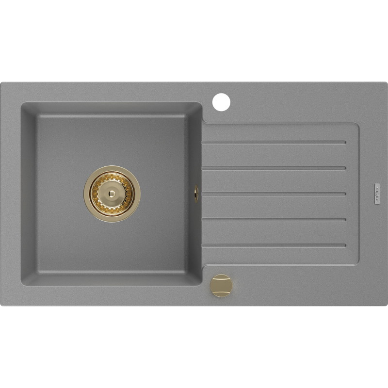 Mexen Pablo granit gootsteen 1-komerig met afdruiprek 752 x 436 mm, grijs, gouden sifon - 6510751010-71-G