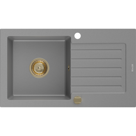 Mexen Pablo granitische spoelbak met 1 bak en afdruiprek 752 x 436 mm, grijs, gouden sifon - 6510751010-71-G
