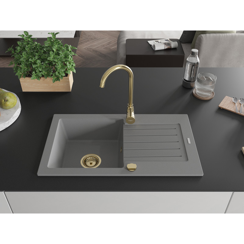 Mexen Pablo granitische spoelbak met 1 bak en afdruiprek 752 x 436 mm, grijs, gouden sifon - 6510751010-71-G