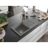 Mexen Pablo Granitspüle 1-Becken mit Abtropffläche 752 x 436 mm, grau, goldener Siphon - 6510751010-71-G