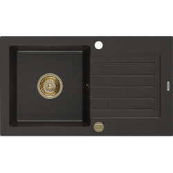 Mexen Pablo zlewozmywak granitowy 1-komorowy z ociekaczem 752 x 436 mm, czarny/złoty metalik, syfon złoty - 6510751010-75-G