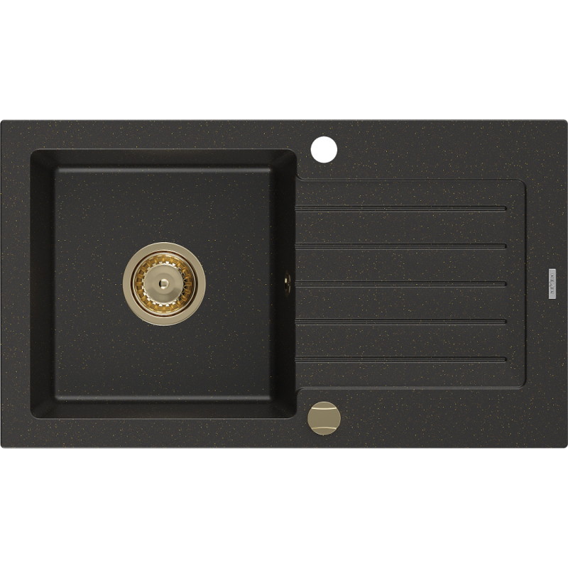 Mexen Pablo Granitspüle 1-Becken mit Abtropffläche 752 x 436 mm, Schwarz/Gold-Metallic, goldener Siphon - 6510751010-75-G