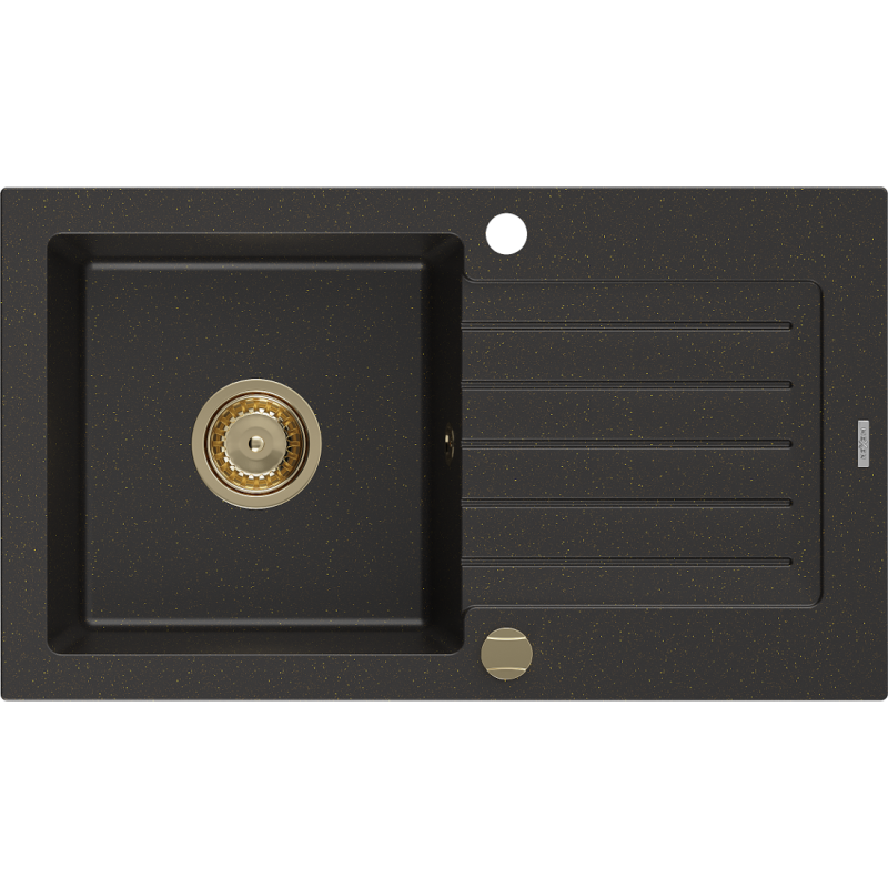 Mexen Pablo zlewozmywak granitowy 1-komorowy z ociekaczem 752 x 436 mm, czarny/złoty metalik, syfon złoty - 6510751010-75-G