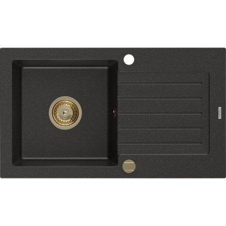 Mexen Pablo granitische spoelbak 1-komorige met afdruiprek 752 x 436 mm, zwart/gouden metallic, gouden sifon - 6510751010-75-G