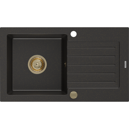 Mexen Pablo Granitspüle 1-Becken mit Abtropffläche 752 x 436 mm, schwarz/goldener Metallic, goldener Siphon - 6510751010-75-G
