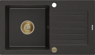 Mexen Pablo granieten gootsteen 1-bak met afdruiprek 752 x 436 mm, zwart/goud metallic, sifon goud - 6510751010-75-G