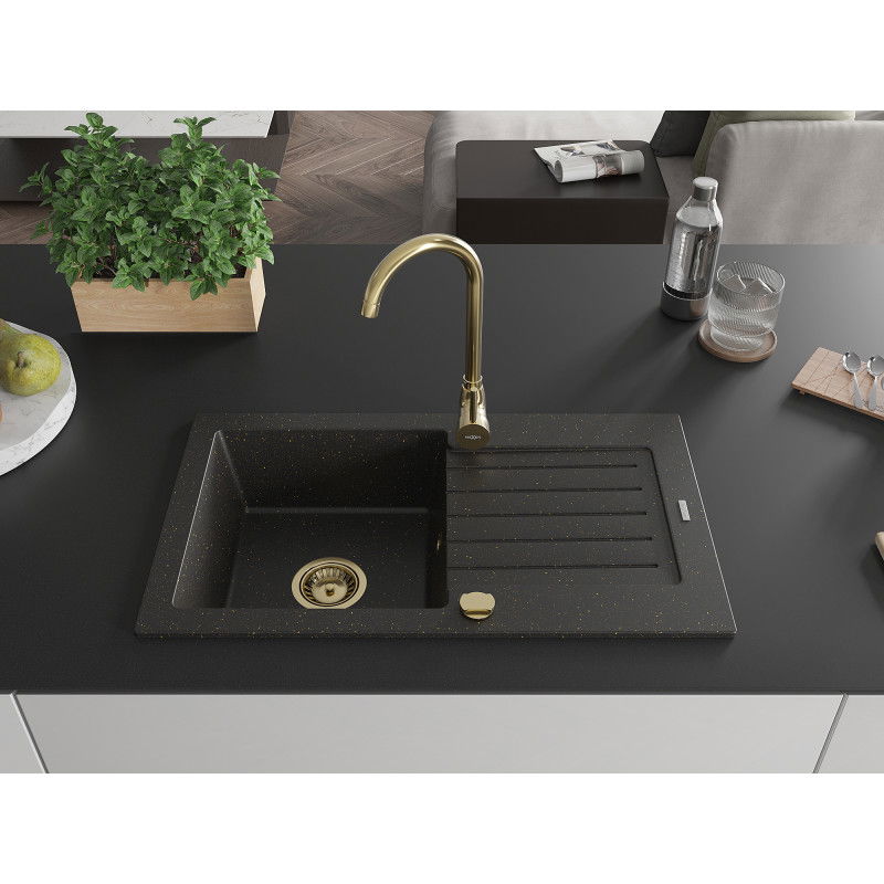 Mexen Pablo 1-bowl granite sink with drainer 752 x 436 mm, black/gold metallic, gold siphon - 6510751010-75-G