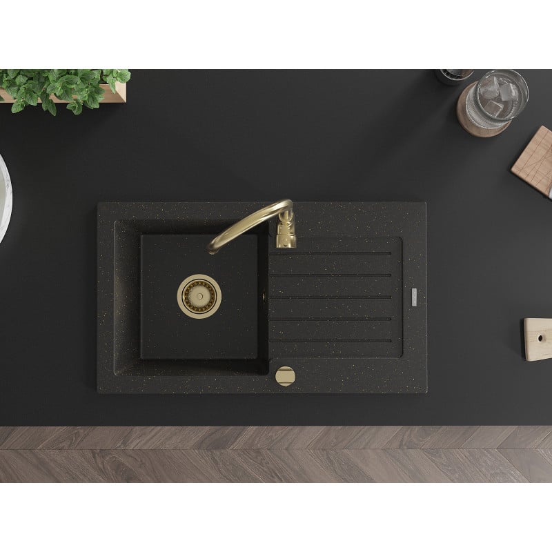Mexen Pablo lava-loiça de granito de 1 cuba com escorredor 752 x 436 mm, preto/dourado metálico, sifão dourado