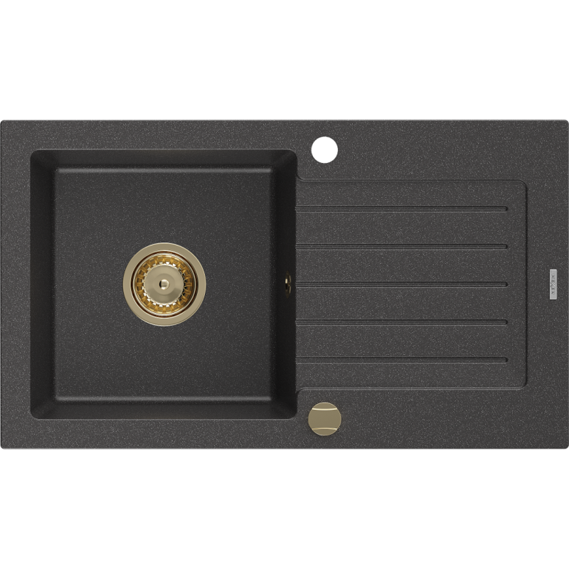 Mexen Pablo 1-bowl granite kitchen sink with drainer 752 x 436 mm, black speckled, gold siphon - 6510751010-76-G