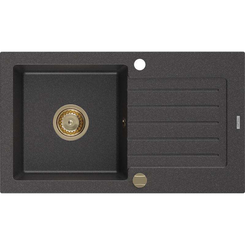 Mexen Pablo granit gootsteen 1-komor met afdruiprek 752 x 436 mm, zwart gespikkeld, gouden sifon - 6510751010-76-G