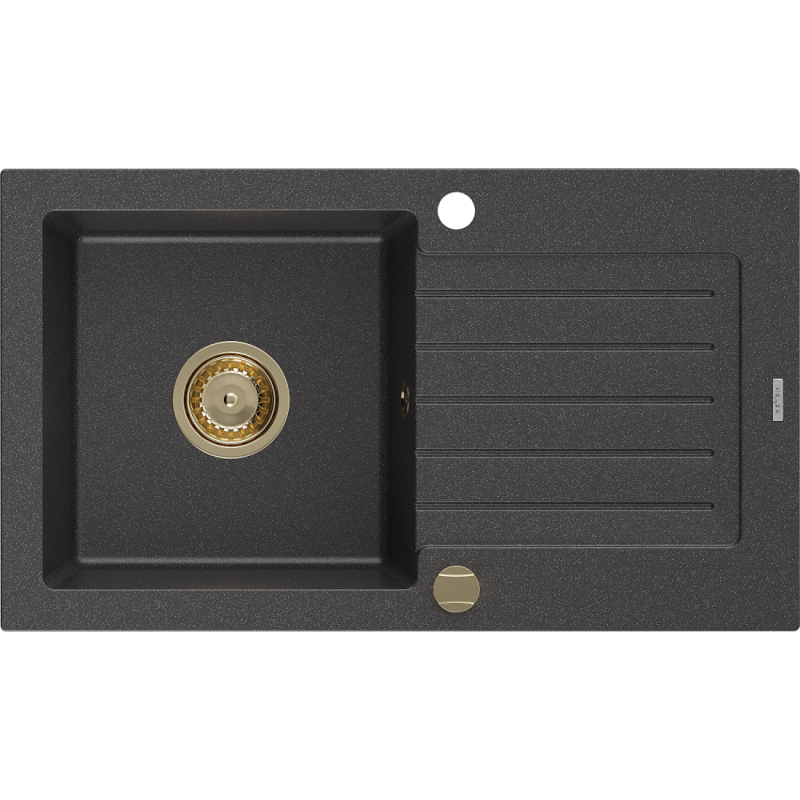 Mexen Pablo granit izlietne ar vienu kameru un noteku 752 x 436 mm, melna ar plankumiem, zelta sifons - 6510751010-76-G