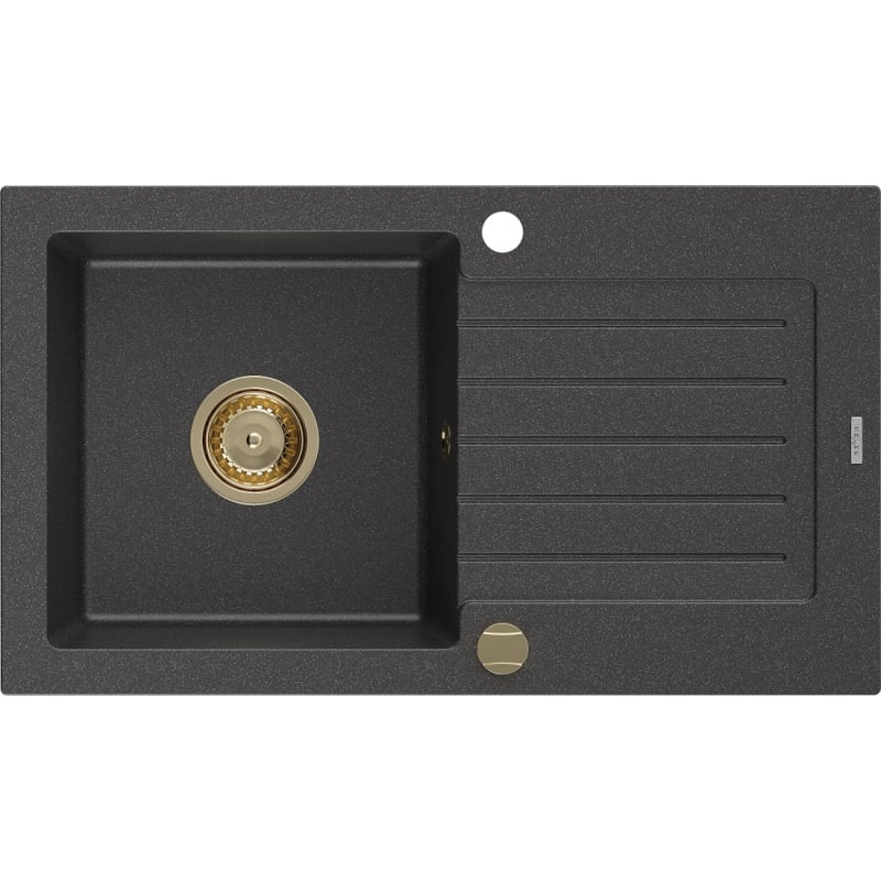 Mexen Pablo granite sink 1-bowl with drainer 752 x 436 mm, black speckled, golden siphon - 6510751010-76-G