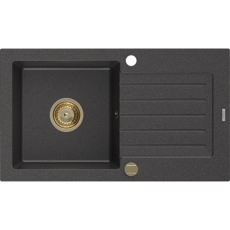 Mexen Pablo fregadero de granito de 1 cubeta con escurridor 752 x 436 mm, negro moteado, sifón dorado - 6510751010-76-G