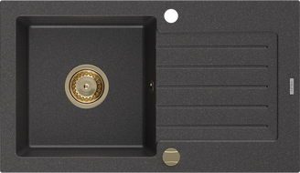 Mexen Pablo fregadero de granito de 1 cubeta con escurridor 752 x 436 mm, negro moteado, sifón dorado - 6510751010-76-G