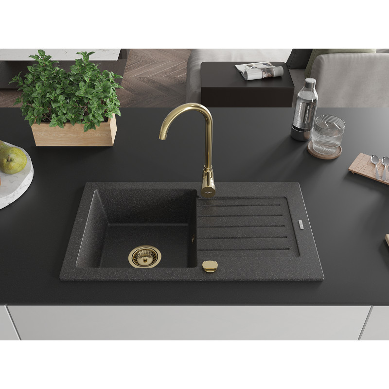 Mexen Pablo Granitspüle 1-kammerig mit Abtropffläche 752 x 436 mm, schwarz gesprenkelt, Siphon gold - 6510751010-76-G