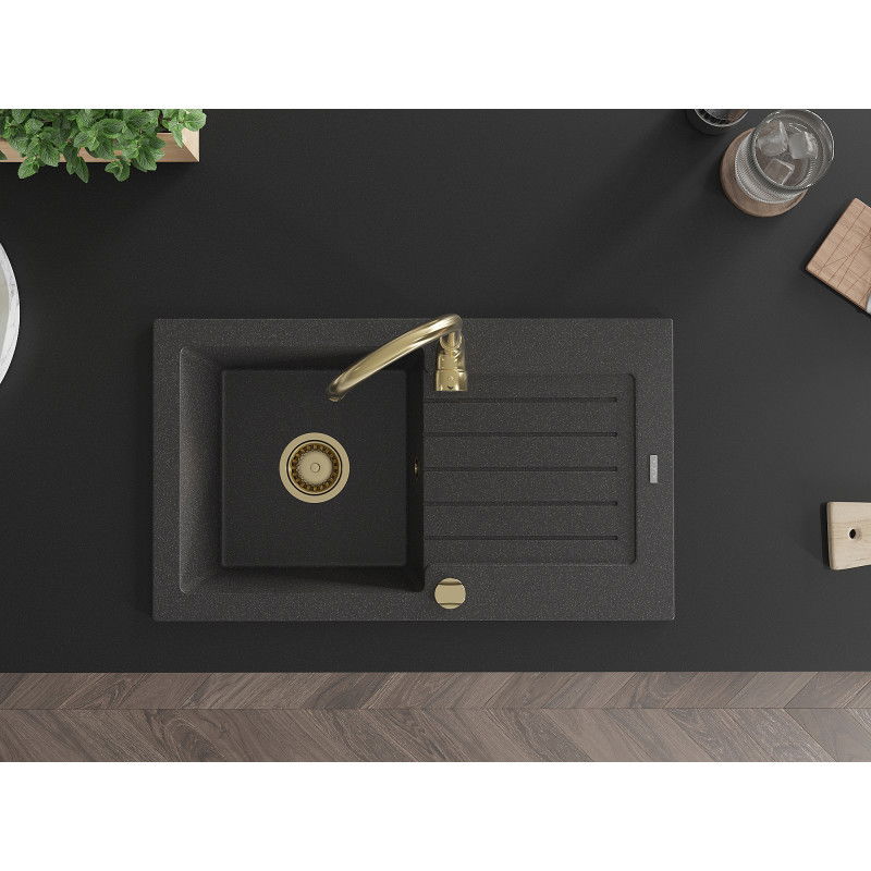 Mexen Pablo lavello in granito 1-vasca con scolapiatti 752 x 436 mm, nero maculato, sifone dorato - 6510751010-76-G