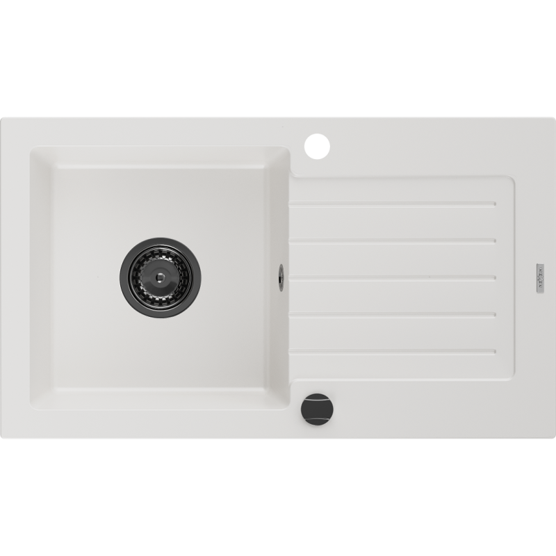 Mexen Pablo évier en granit 1 bac avec égouttoir 752 x 436 mm, blanc, siphon noir - 6510751010-20-B