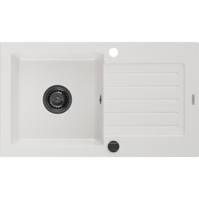 Mexen Pablo granieten spoelbak 1-kompartement met afdruiprek 752 x 436 mm, wit, zwarte sifon - 6510751010-20-B