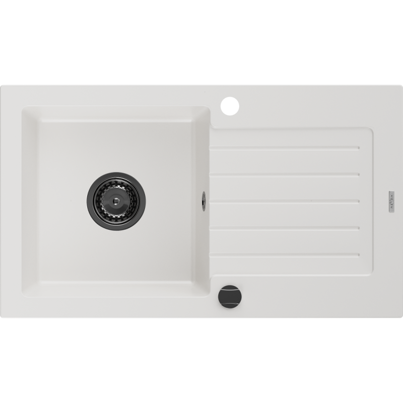 Mexen Pablo lavello in granito 1-vasca con gocciolatoio 752 x 436 mm, bianco, sifone nero - 6510751010-20-B