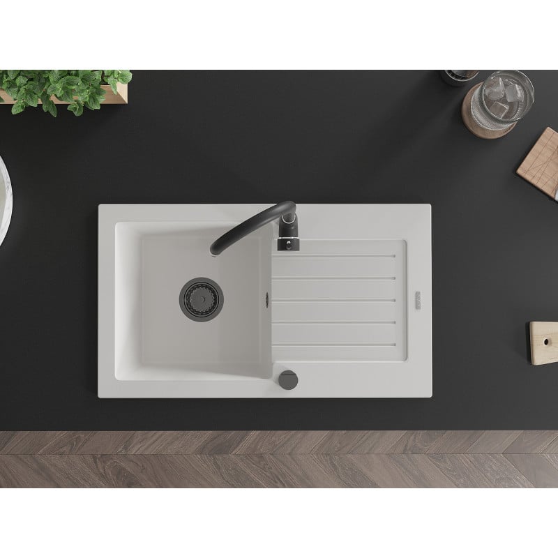 Mexen Pablo lavello in granito 1-vasca con gocciolatoio 752 x 436 mm, bianco, sifone nero - 6510751010-20-B