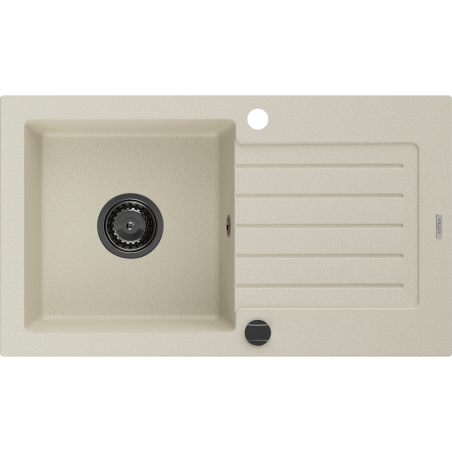 Mexen Pablo granieten gootsteen 1-kompartment met afdruiprek 752 x 436 mm, beige, zwarte sifon - 6510751010-69-B