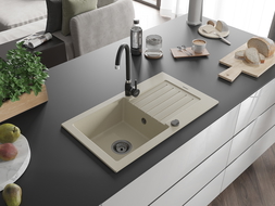 Mexen Pablo granieten gootsteen 1-kompartment met afdruiprek 752 x 436 mm, beige, zwarte sifon - 6510751010-69-B