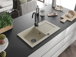 Mexen Pablo granite sink 1-bowl with drainer 752 x 436 mm, beige, black siphon - 6510751010-69-B
