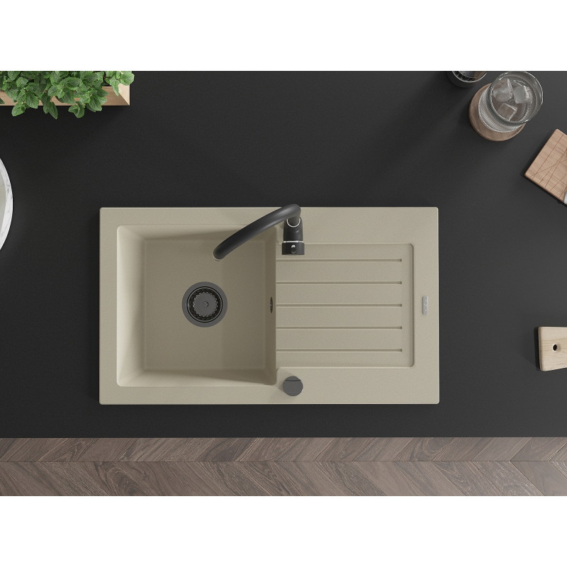 Mexen Pablo granit gootsteen 1-kompartment met afdruiprek 752 x 436 mm, beige, zwarte sifon - 6510751010-69-B