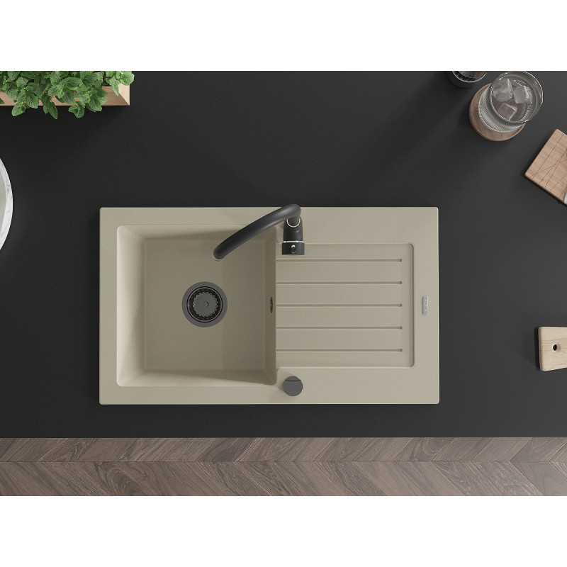 Mexen Pablo granitische gootsteen 1-kamer met afdruiprek 752 x 436 mm, beige, zwarte sifon - 6510751010-69-B