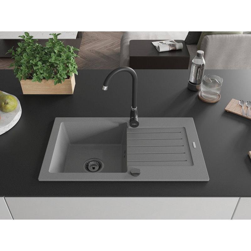 Mexen Pablo granit gootsteen 1-komor met afdruiprek 752 x 436 mm, grijs, zwarte sifon - 6510751010-71-B
