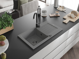 Mexen Pablo évier en granit 1 bac avec égouttoir 752 x 436 mm, gris, siphon noir - 6510751010-71-B