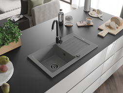 Mexen Pablo granieten gootsteen 1-kompartment met afdruiprek 752 x 436 mm, grijs, zwarte sifon - 6510751010-71-B