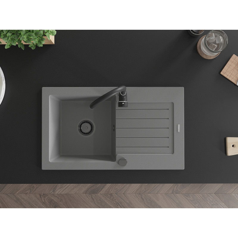 Mexen Pablo 1-bowl granite kitchen sink with drainer 752 x 436 mm, grey, black siphon - 6510751010-71-B