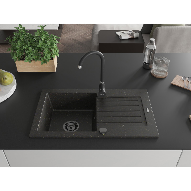Mexen Pablo granit gootsteen 1-komor met druiprek 752 x 436 mm, zwart/gouden metallic, zwarte sifon - 6510751010-75-B