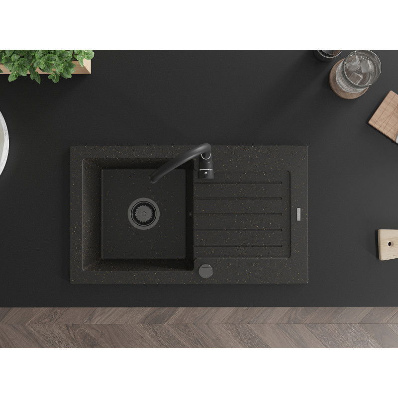 Mexen Pablo évier en granit 1 bac avec égouttoir 752 x 436 mm, noir/doré métallisé, siphon noir - 6510751010-75-B