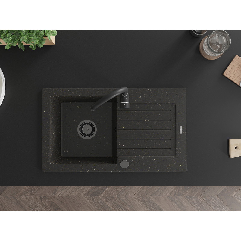 Mexen Pablo granit gootsteen 1-komor met druiprek 752 x 436 mm, zwart/gouden metallic, zwarte sifon - 6510751010-75-B