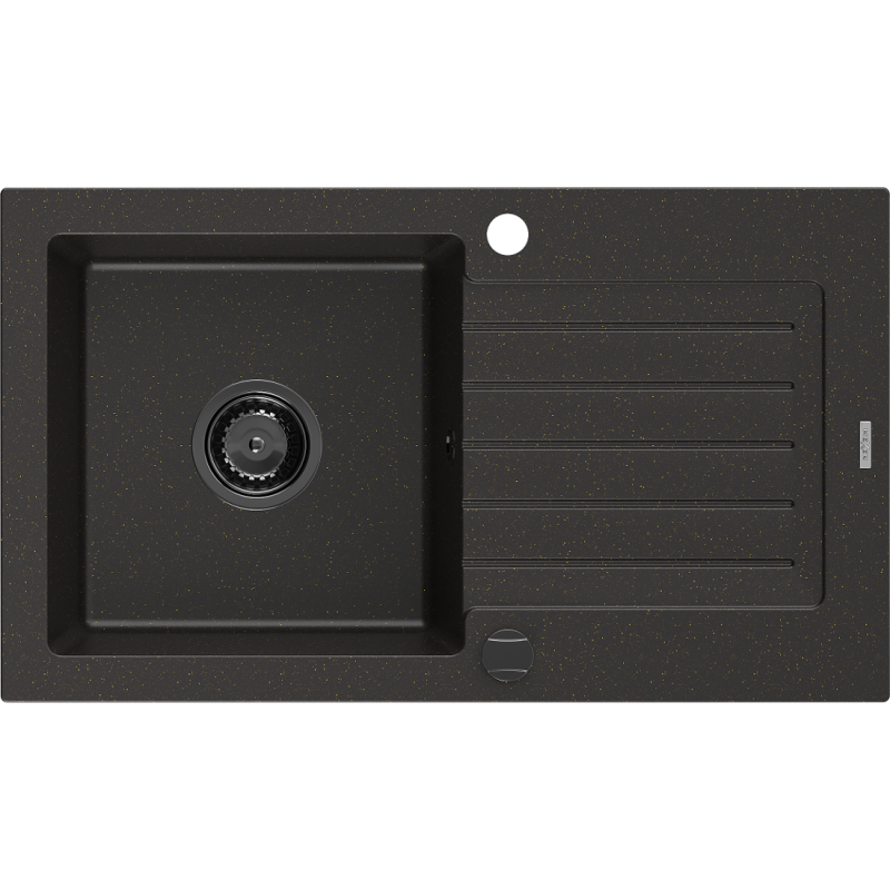 Mexen Pablo lavello in granito 1-vasca con gocciolatoio 752 x 436 mm, nero/oro metallico, sifone nero - 6510751010-75-B