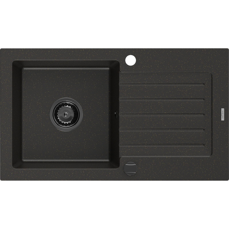 Mexen Pablo lavello in granito a 1 vasca con scolapiatti 752 x 436 mm, nero/oro metallizzato, sifone nero - 6510751010-75-B