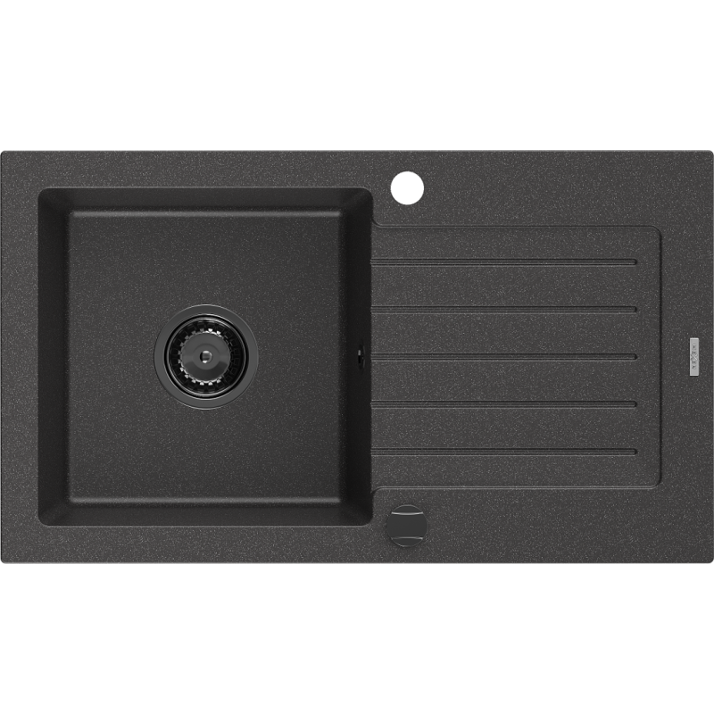 Mexen Pablo évier de cuisine en granit à 1 bac avec égouttoir 752 x 436 mm, noir moucheté, siphon noir - 6510751010-76-B