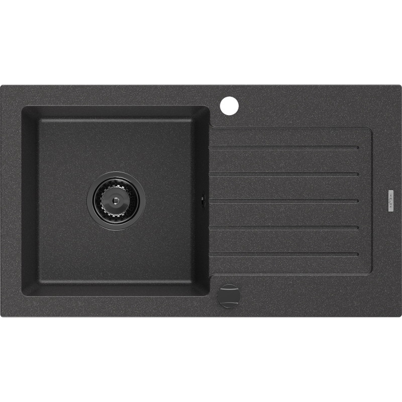 Mexen Pablo Granitspüle 1-Becken mit Abtropffläche 752 x 436 mm, schwarz gesprenkelt, schwarzer Siphon - 6510751010-76-B
