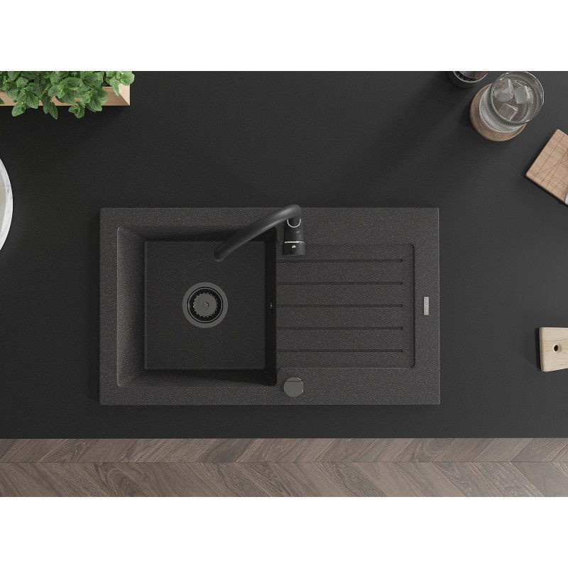 Mexen Pablo évier de cuisine en granit à 1 bac avec égouttoir 752 x 436 mm, noir moucheté, siphon noir - 6510751010-76-B