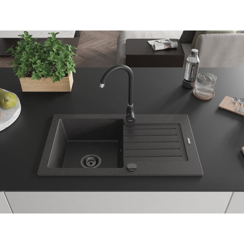 Mexen Pablo 1-bowl granite sink with drainer 752 x 436 mm, speckled black, black siphon - 6510751010-76-B
