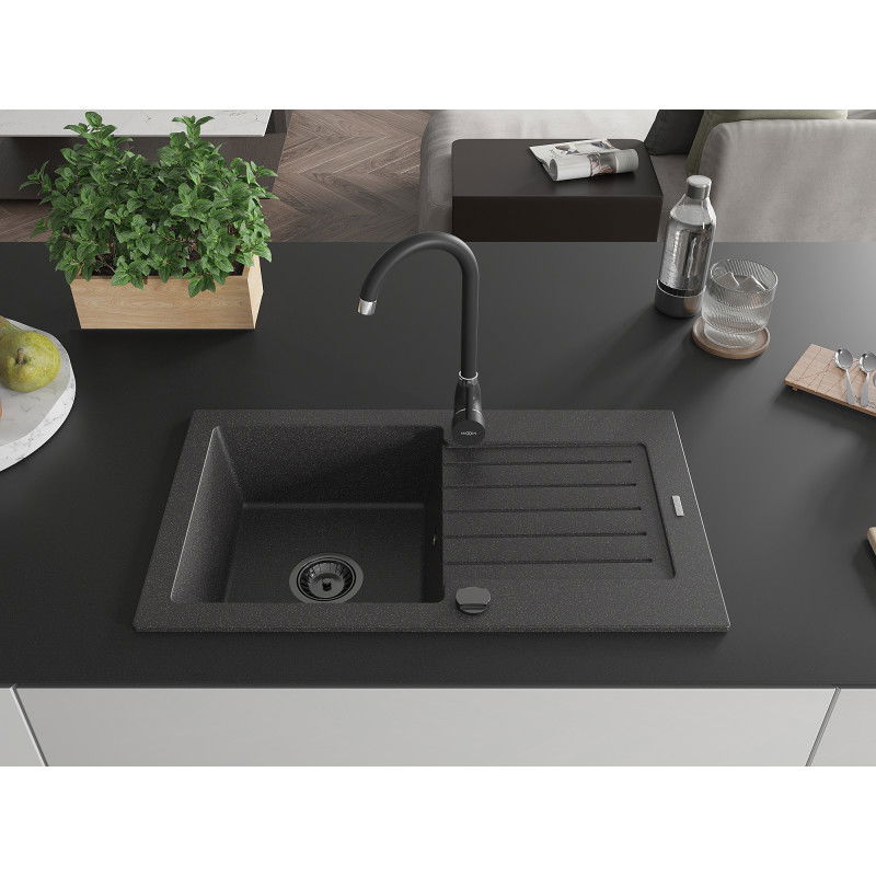 Mexen Pablo lavello in granito 1-vasca con sgocciolatoio 752 x 436 mm, nero maculato, sifone nero - 6510751010-76-B