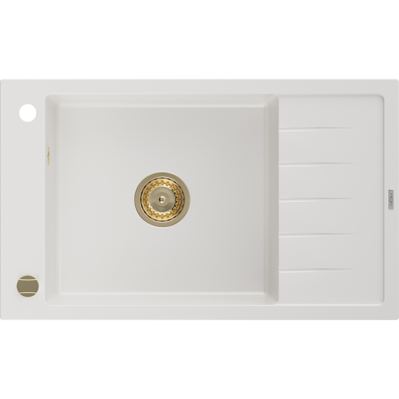 Mexen Elias fregadero de granito de 1 cubeta con escurridor 795 x 480 mm, blanco, sifón dorado - 6511791005-20-G