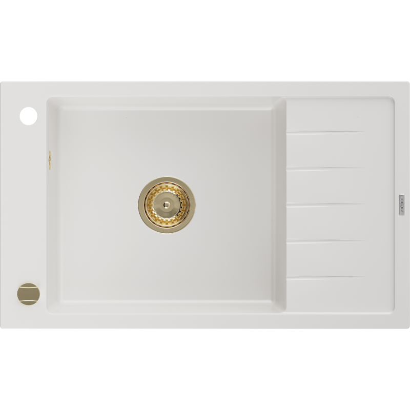 Mexen Elias granitische spoelbak met 1 bak en afdruipplaat 795 x 480 mm, wit, gouden sifon - 6511791005-20-G