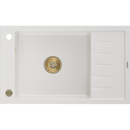 Mexen Elias granitische spoelbak met 1 bak en afdruipplaat 795 x 480 mm, wit, gouden sifon - 6511791005-20-G