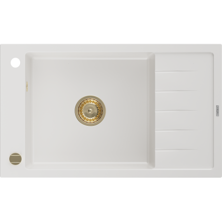 Mexen Elias lavello in granito 1-vasca con sgocciolatoio 795 x 480 mm, bianco, sifone dorato - 6511791005-20-G